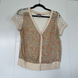 Free People Short Sleeve Floral Cardigan with Lace Back